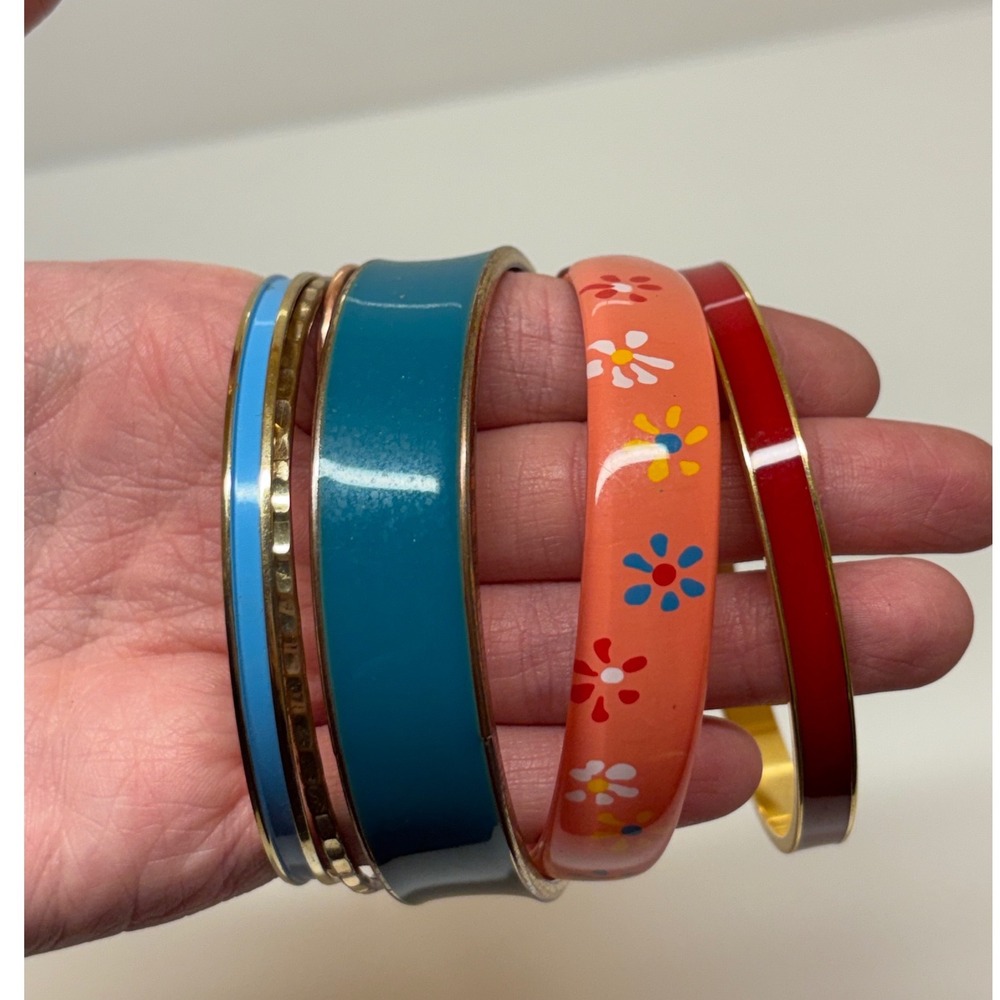 Vintage Style Bangle Bracelet Set 5pc Teal Red Enamel Floral Heart Pearl